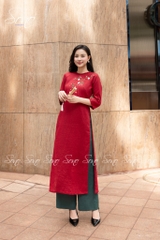 SONO - Áo dài linen cổ đan tay thêu cành lá