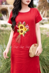 SONO - Đầm linen có tay thêu hoa hướng dương
