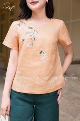SONO - Áo linen tay ngắn thêu hoa mắc cỡ