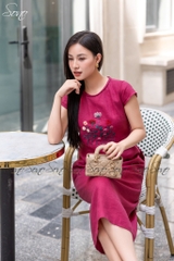 SONO - Đầm linen cổ đan thêu ngực