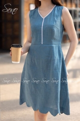 SONO - Đầm linen cổ tim viền ren