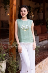 SONO - Áo linen sát nách thêu hoa phối viền ren