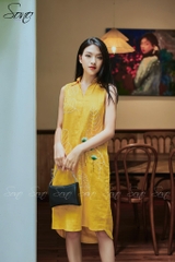 SONO - Đầm linen sơ mi thêu lá to