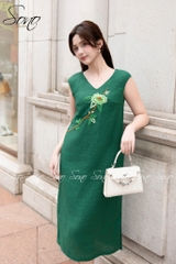 SONO - Đầm linen xanh lá thông cổ tim thêu hoa xanh
