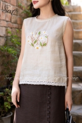 SONO - Áo linen sát nách thêu hoa phối viền ren