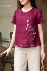 SONO - Áo linen thêu hoa phối cành hồng