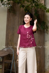SONO - Áo linen thêu hoa phối cành hồng