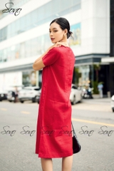 SONO - Đầm linen cổ tròn thêu hoa