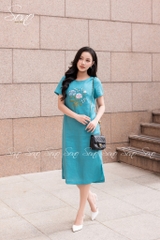 SONO - Đầm linen có tay thêu bó hoa tú cầu