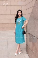 SONO - Đầm linen có tay thêu bó hoa tú cầu