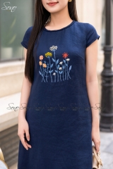 SONO - Đầm linen cổ đan thêu ngực