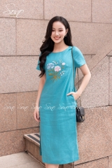 SONO - Đầm linen có tay thêu bó hoa tú cầu