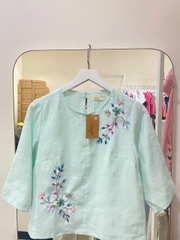 SONO - Áo linen tay lỡ thêu hoa tím đối xứng