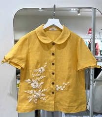 SONO - Áo linen cổ sen tay nơ thêu hoa trắng
