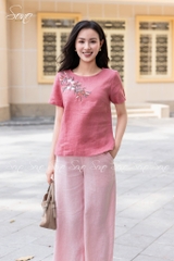 SONO - Áo linen cổ tròn thêu chùm hoa ngâu