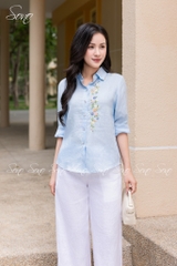 SONO - Áo sơ mi linen dài tay thêu hoa nhí pastel