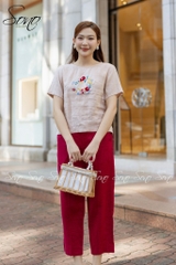 SONO - Áo linen tay ngắn thêu hoa vòng tròn