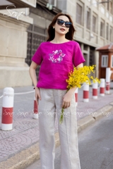 SONO - Áo linen tay ngắn thêu hoa vòng tròn