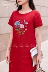 SONO - Đầm linen có tay thêu bó hoa tú cầu