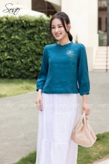 SONO - Áo linen dài tay bèo nhún thêu hoa