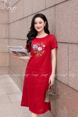 SONO - Đầm linen có tay thêu bó hoa tú cầu