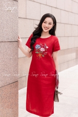 SONO - Đầm linen có tay thêu bó hoa tú cầu