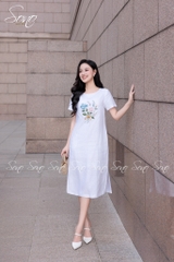 SONO - Đầm linen có tay thêu bó hoa tú cầu