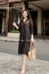 SONO - Đầm linen sơ mi thêu hoa vai