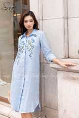 SONO - Đầm sơ mi linen thêu hoa mẫu đơn