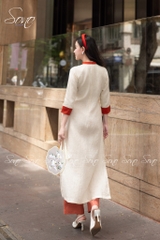 SONO - Áo dài kem phối cam đất thêu hoa nhí toàn thân