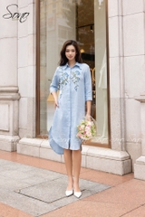 SONO - Đầm sơ mi linen thêu hoa mẫu đơn