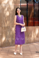 SONO - Đầm linen nút gỗ bên thêu viền cổ tim
