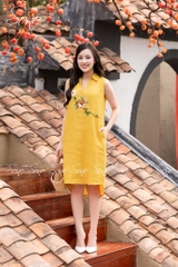 SONO - Đầm linen sơ mi sát nách thêu hoa ngực