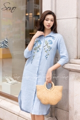 SONO - Đầm sơ mi linen thêu hoa mẫu đơn
