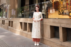 SONO - Áo dài kem phối cam đất thêu hoa nhí toàn thân