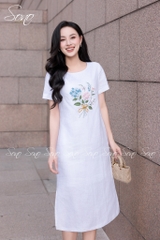 SONO - Đầm linen có tay thêu bó hoa tú cầu