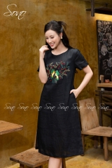 SONO - Đầm linen nút bọc tay thêu chim