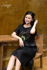 SONO - Đầm linen nút bọc tay thêu chim