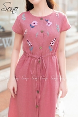 SONO - Đầm linen rút dây thêu nhiều hoa