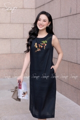 SONO - Đầm linen sát nách thêu nhánh hoa cam