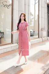 SONO - Đầm linen rút dây thêu nhiều hoa