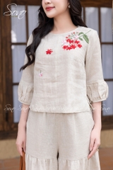 SONO - Áo linen tay lỡ thêu nhành hoa rơi