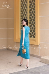 SONO - Đầm linen sát nách thêu nhánh hoa vàng