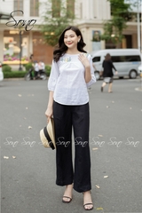 SONO - Áo linen thêu tay lửng xếp ly