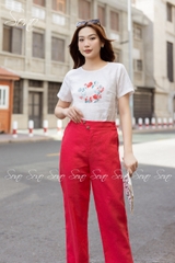 SONO - Áo linen tay ngắn thêu hoa vòng tròn