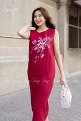 SONO - Đầm dài linen nút bên vẽ hoa