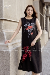 SONO - Đầm dài linen nút bên vẽ hoa