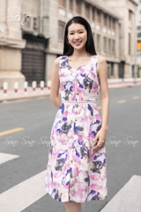 SONO - Đầm linen hoa tím chạy ren eo