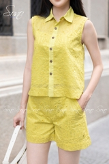 SONO- Set short cổ sơ mi tơ thêu nhật