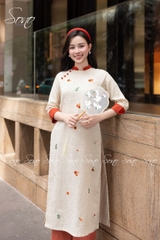 SONO - Áo dài kem phối cam đất thêu hoa nhí toàn thân